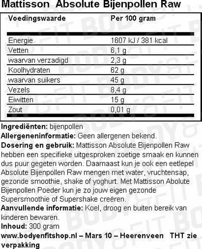 Absolute Bijenpollen Raw Nutritional Information 1