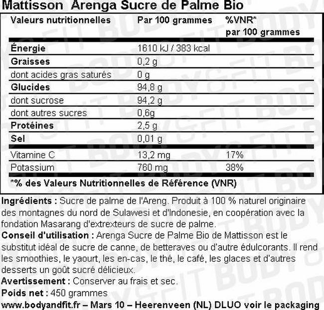 Arenga Sucre de Palme Bio Nutritional Information 1