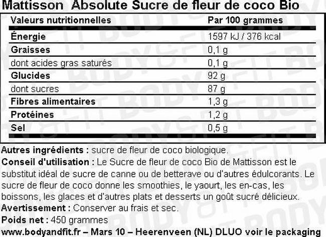 Absolute Sucre de fleur de coco Bio Nutritional Information 1