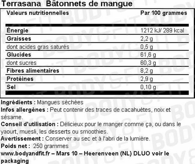 Bâtonnets de mangue Nutritional Information 1