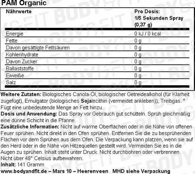 Bio Cooking Spray Rapsöl Nutritional Information 1