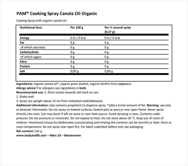 Organic Cooking Spray Canola Oil Nutritional Information 1