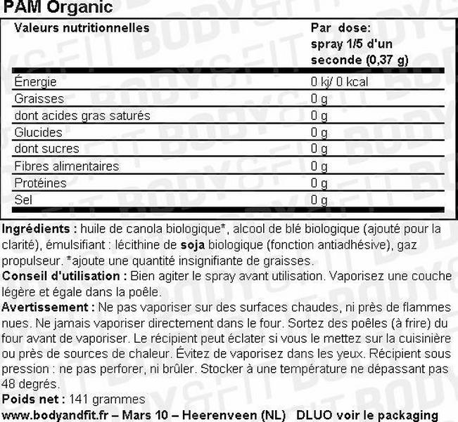 Spray de cuisson Organic Cooking Spray Canola Oil Nutritional Information 1