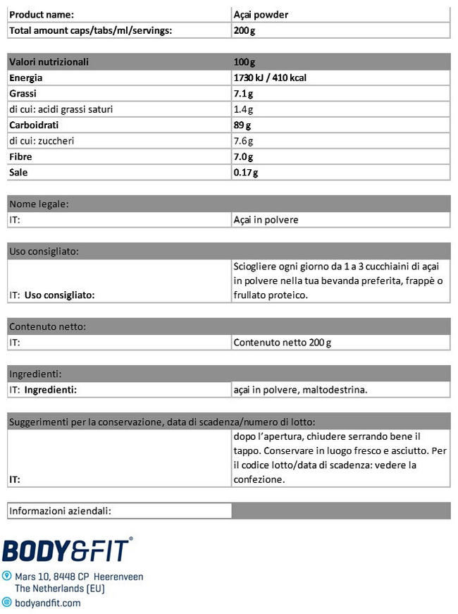 Polvere di Acai Nutritional Information 1