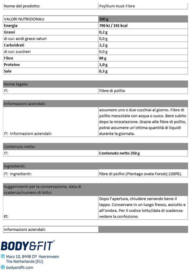 Fibre di Buccia di Psillio Pure Nutritional Information 1