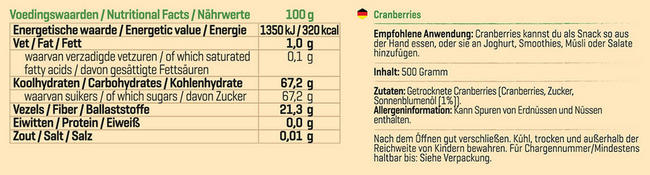 Pure Cranberries Nutritional Information 1