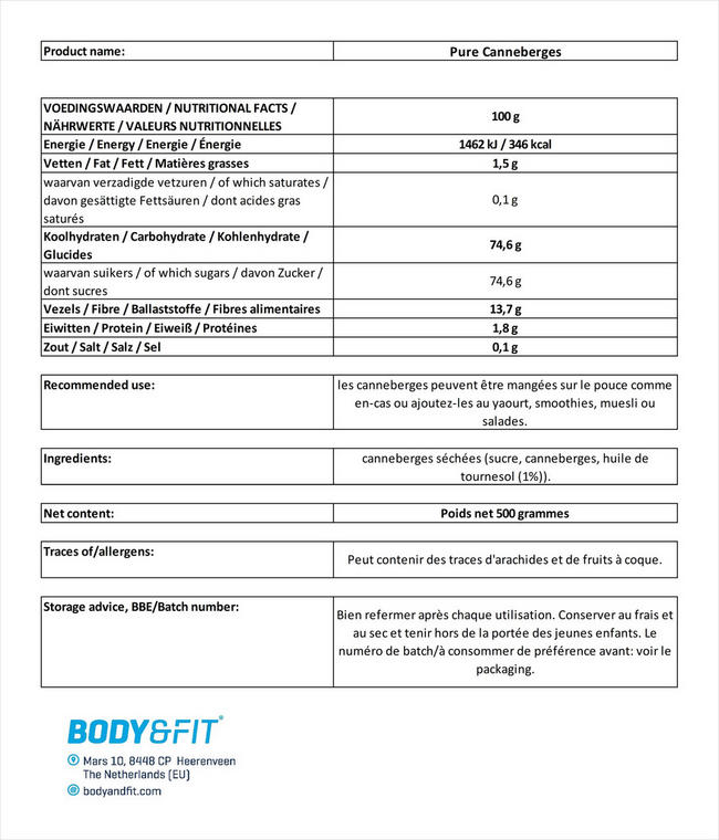 Canneberges Pure Cranberries Nutritional Information 1