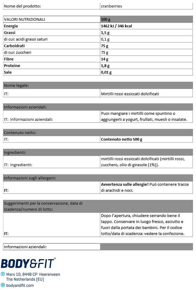 Mirtilli Pure Nutritional Information 1