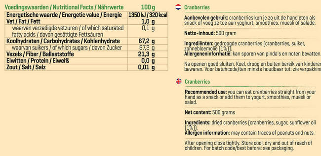 Pure Cranberries Nutritional Information 1