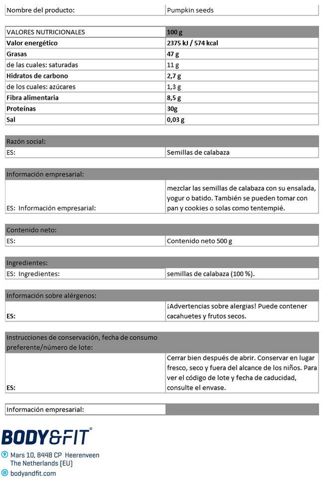 Semillas de Calabaza Puras Nutritional Information 1