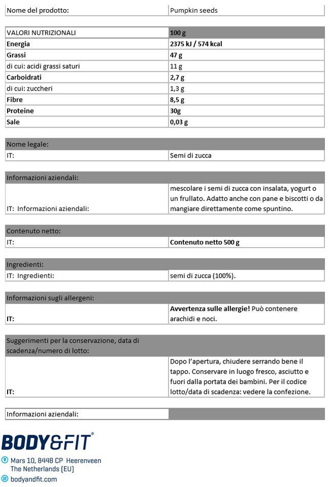Semi di Zucca Nutritional Information 1