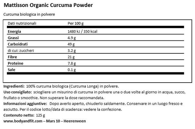 Curcuma in polvere Bio Nutritional Information 1