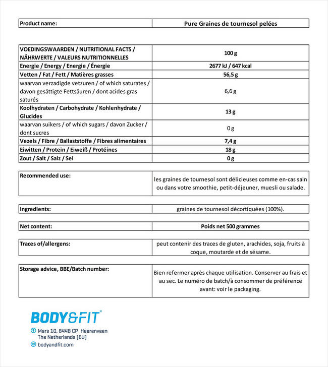 Graines de tournesol pelées Pure Sunflower Seeds Peeled Nutritional Information 1