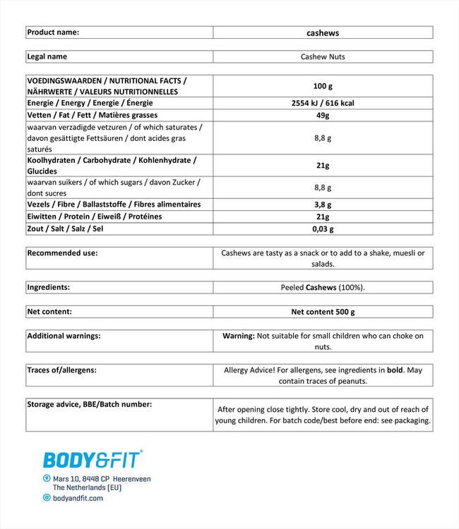 Noix de cajou Nutritional Information 1