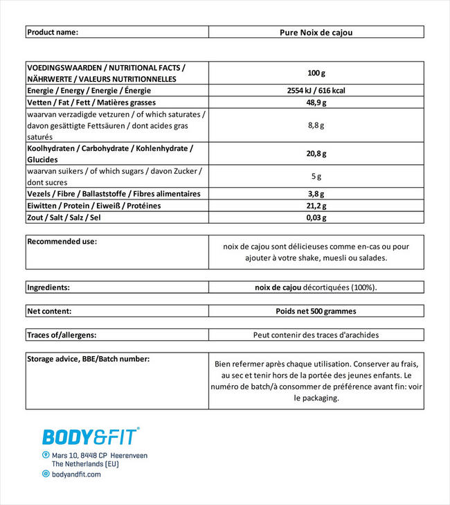 Noix de cajou Nutritional Information 1