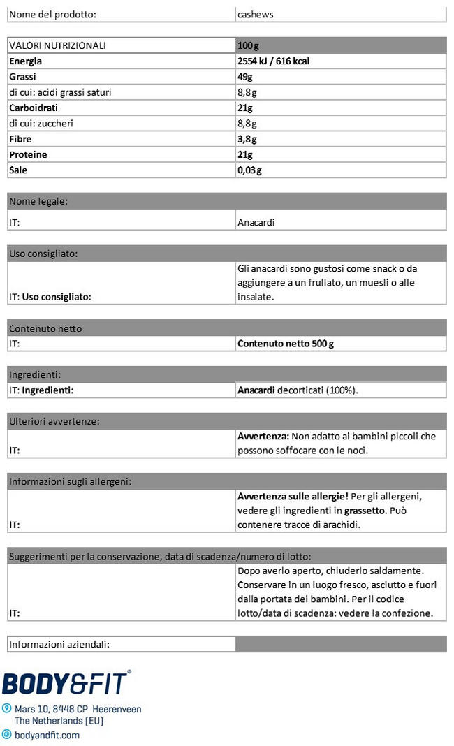 Anacardi Nutritional Information 1