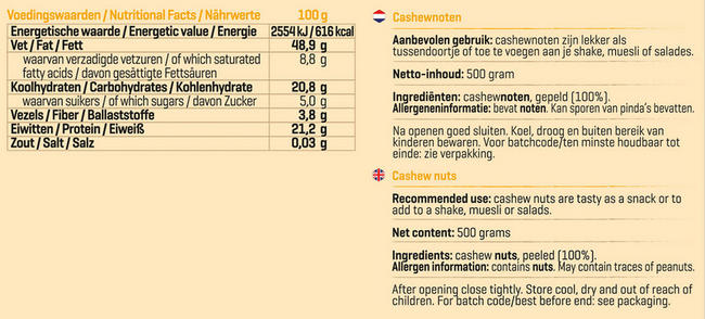 Cashewnoten Nutritional Information 1