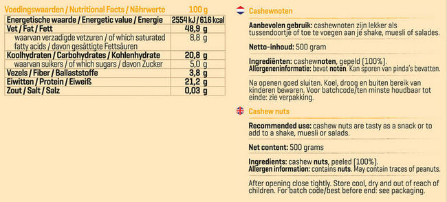 Cashewnoten Nutritional Information 1