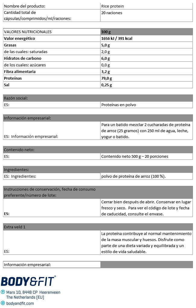 Proteína de Arroz Puro Nutritional Information 1