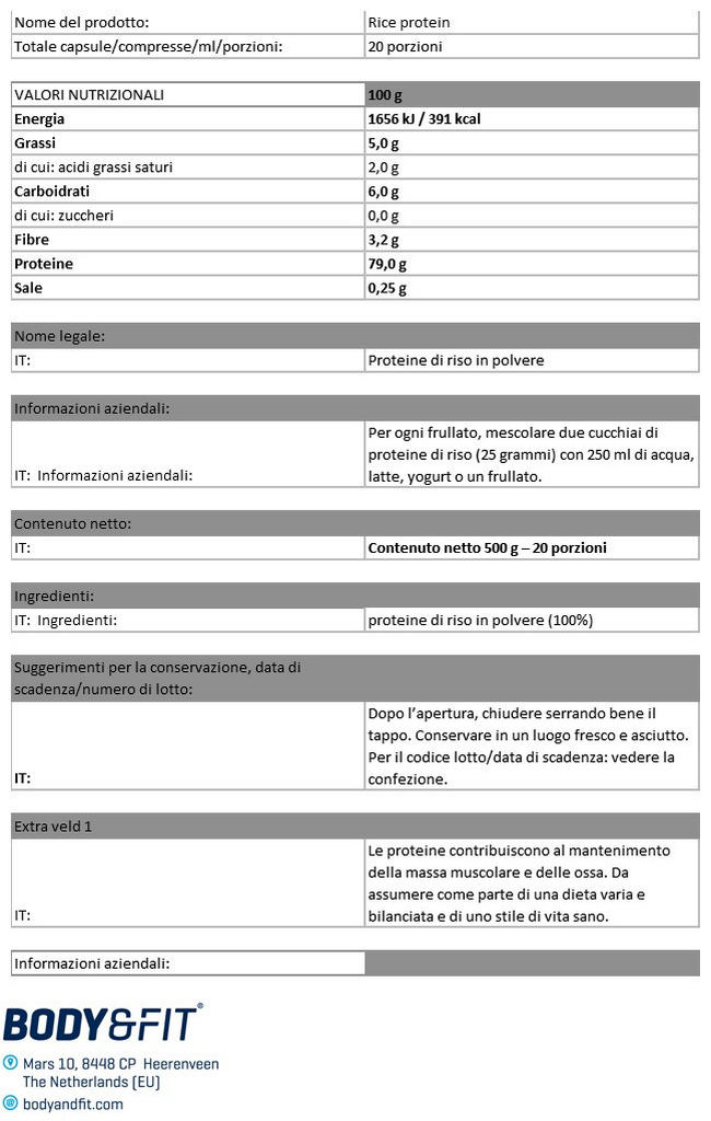 Proteine del Riso Nutritional Information 1