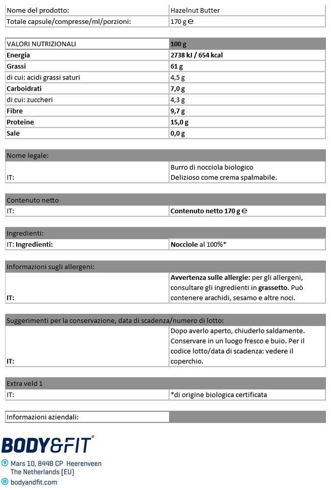 Burro di Nocciole Bio Nutritional Information 1