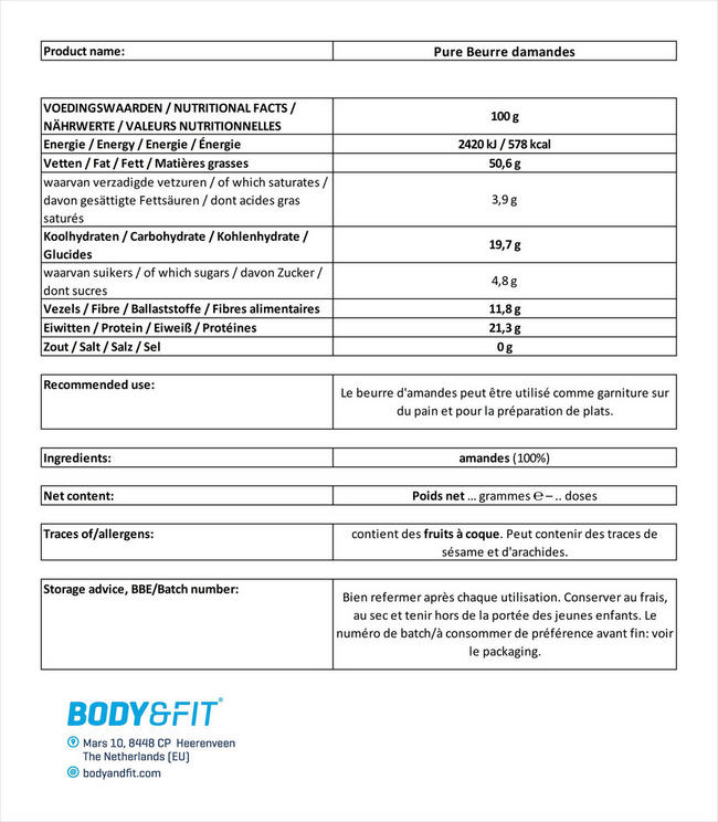 Beurre d’amandes pures Nutritional Information 1