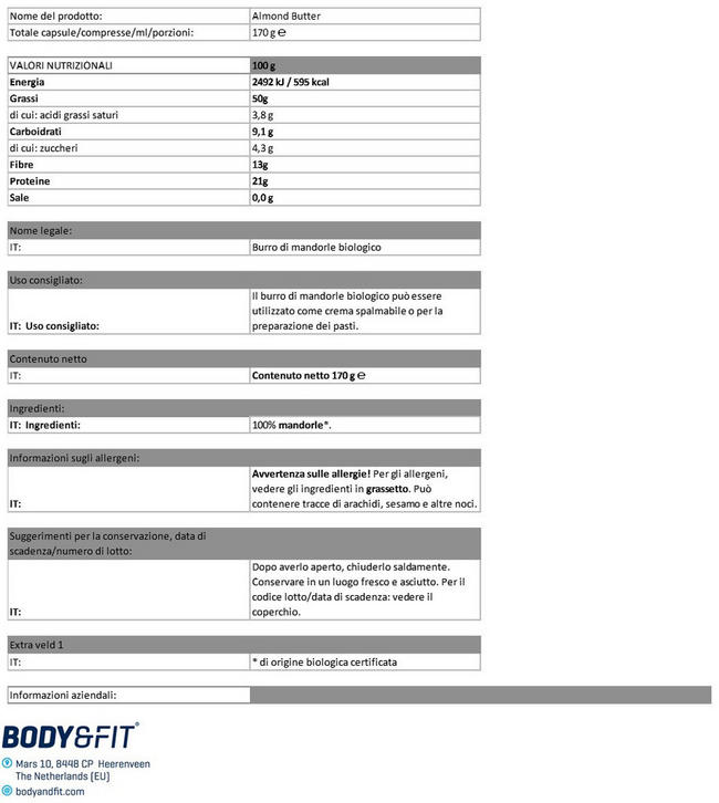 Burro di Mandorle Bio Nutritional Information 1
