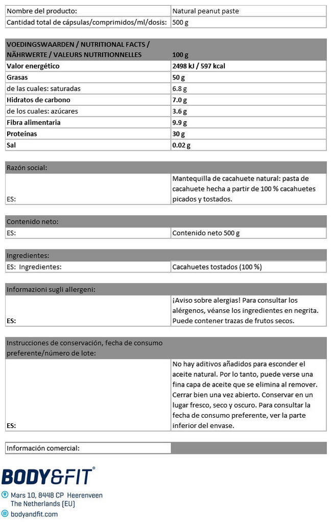 Mantequilla de Cacahuete Natural Nutritional Information 1