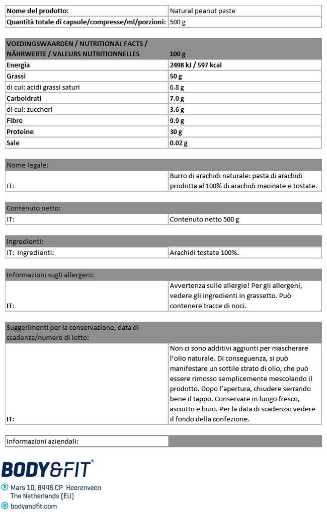 Burro d'Arachidi Natural Nutritional Information 1