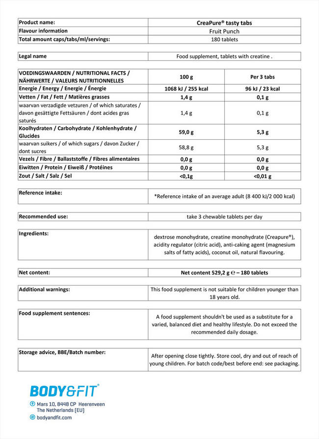 Creapure® Creatine Tasty Tabs Nutritional Information 1