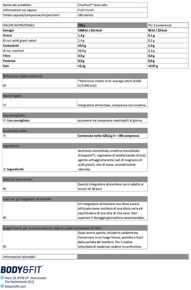 Creapure® Tasty Tabs Nutritional Information 1