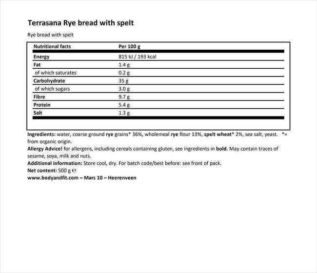 Rye Bread with Spelt Nutritional Information 1