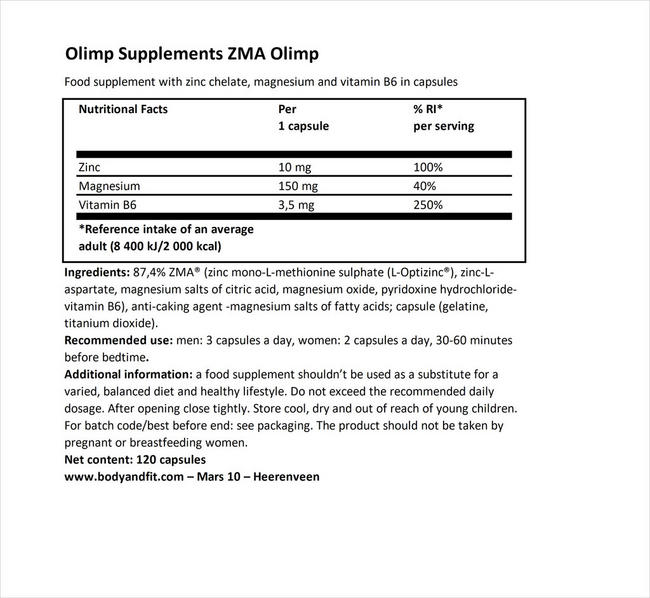 ZMA Olimp Nutritional Information 1