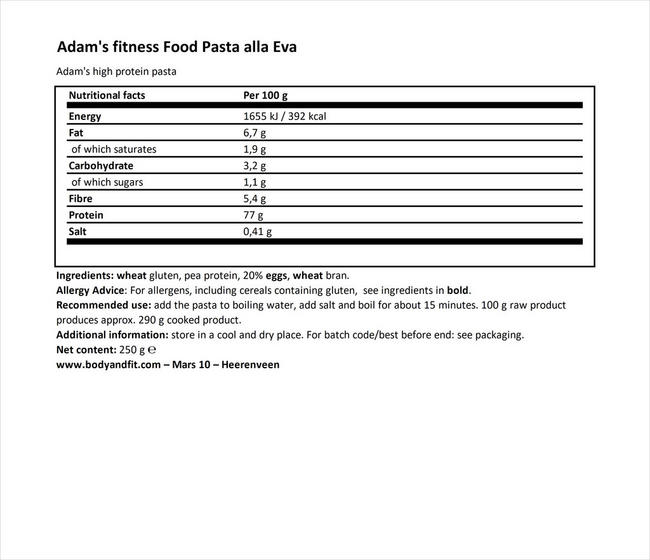 Pasta alla Eva Nutritional Information 1