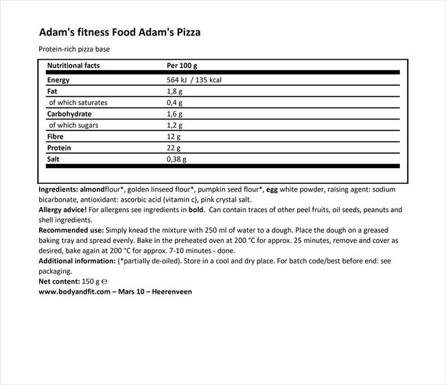 Adam’s Pizza Nutritional Information 1