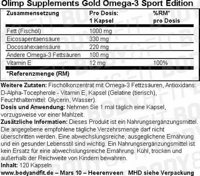 Gold Omega-3 Sport Edition Nutritional Information 1