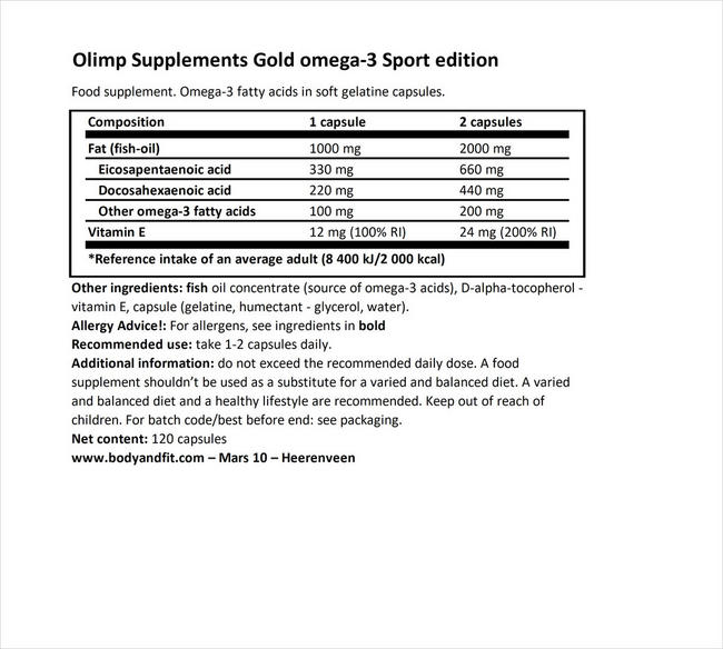 Gold Omega-3 Sport edition Nutritional Information 1