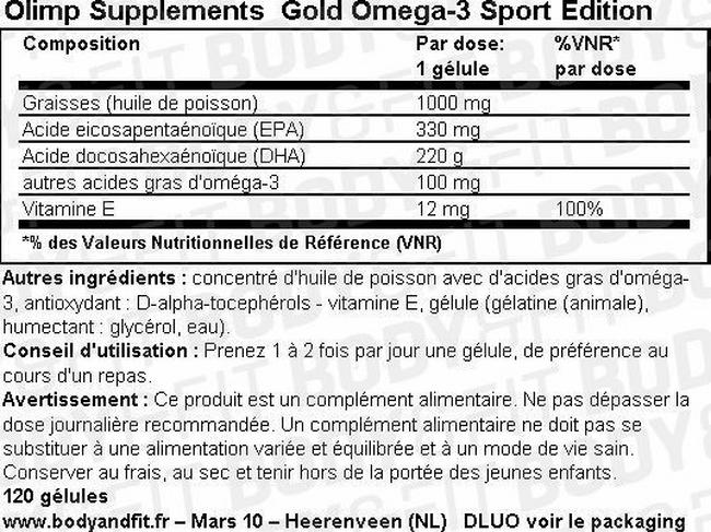 Gold Omega-3 Sport edition Nutritional Information 1