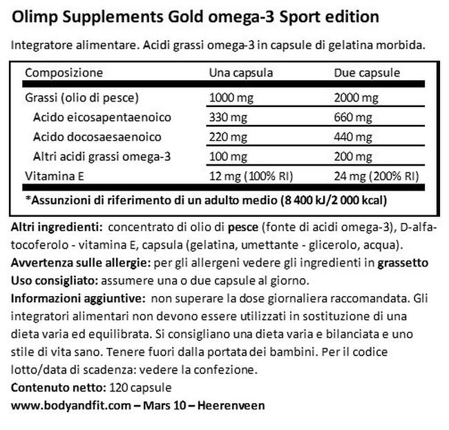 Gold Omega-3 Sport edition Nutritional Information 1