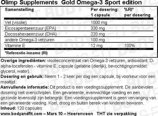 Gold Omega-3 Sport edition Nutritional Information 1