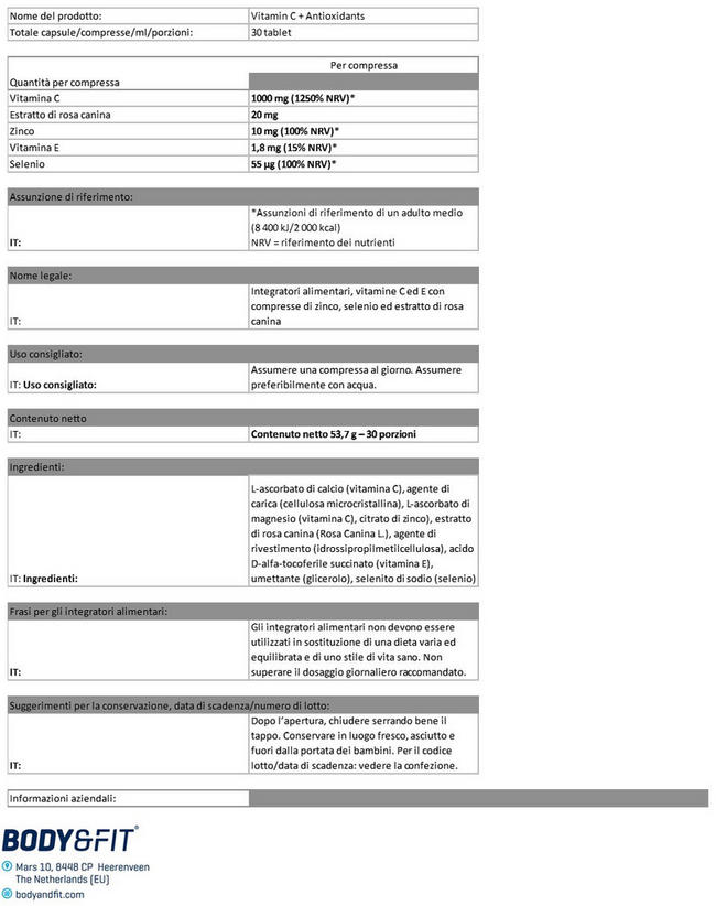 Vitamin C + Antioxidant Nutritional Information 1