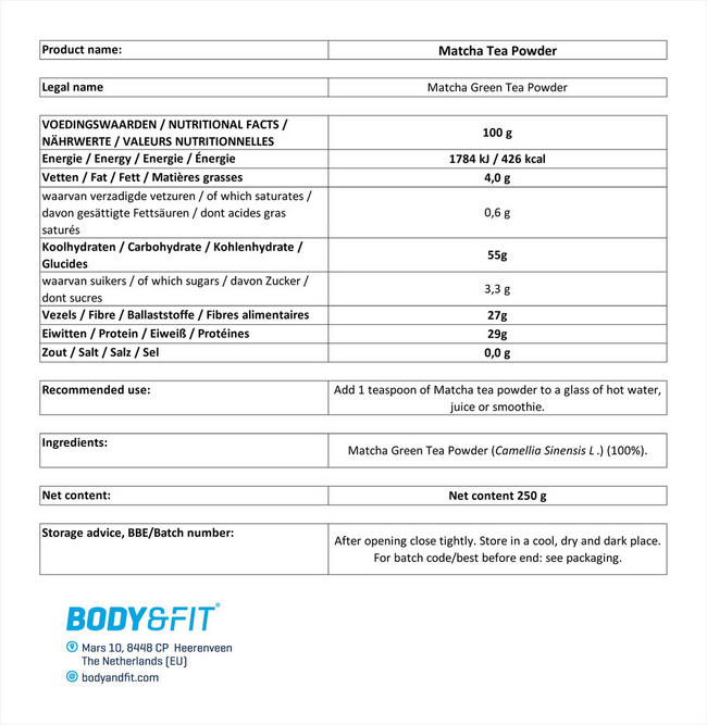 Poudre de matcha Bio Nutritional Information 1