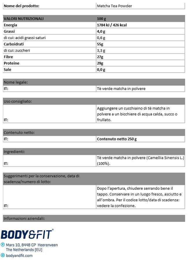 Polvere di Matcha Pure Nutritional Information 1