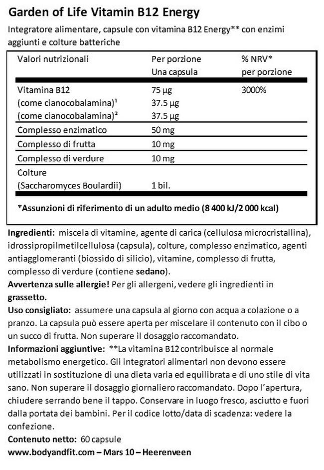Vitamin B12 RAW Energy Nutritional Information 1