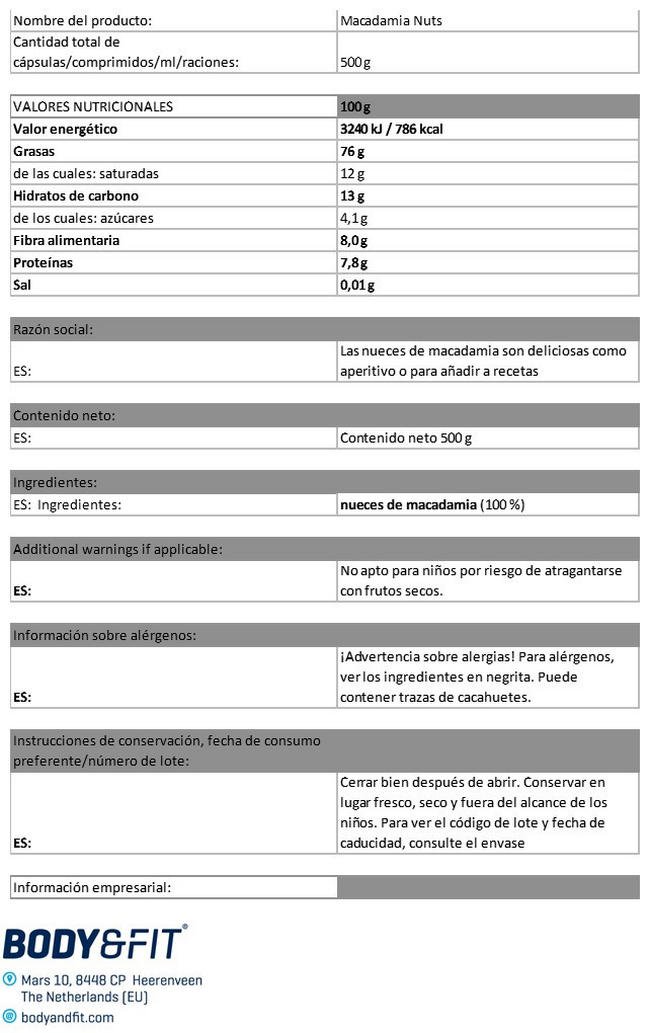 Neuces de Macadamia Puras Nutritional Information 1