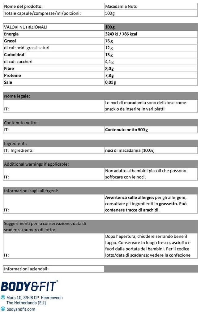 Noci Macadamia Pure Nutritional Information 1