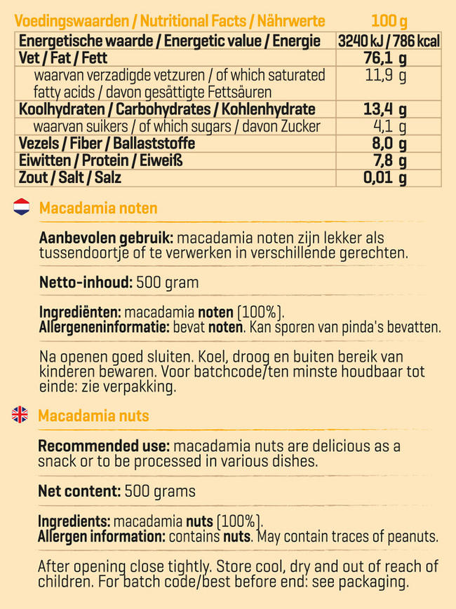 Pure Macadamianoten Nutritional Information 1