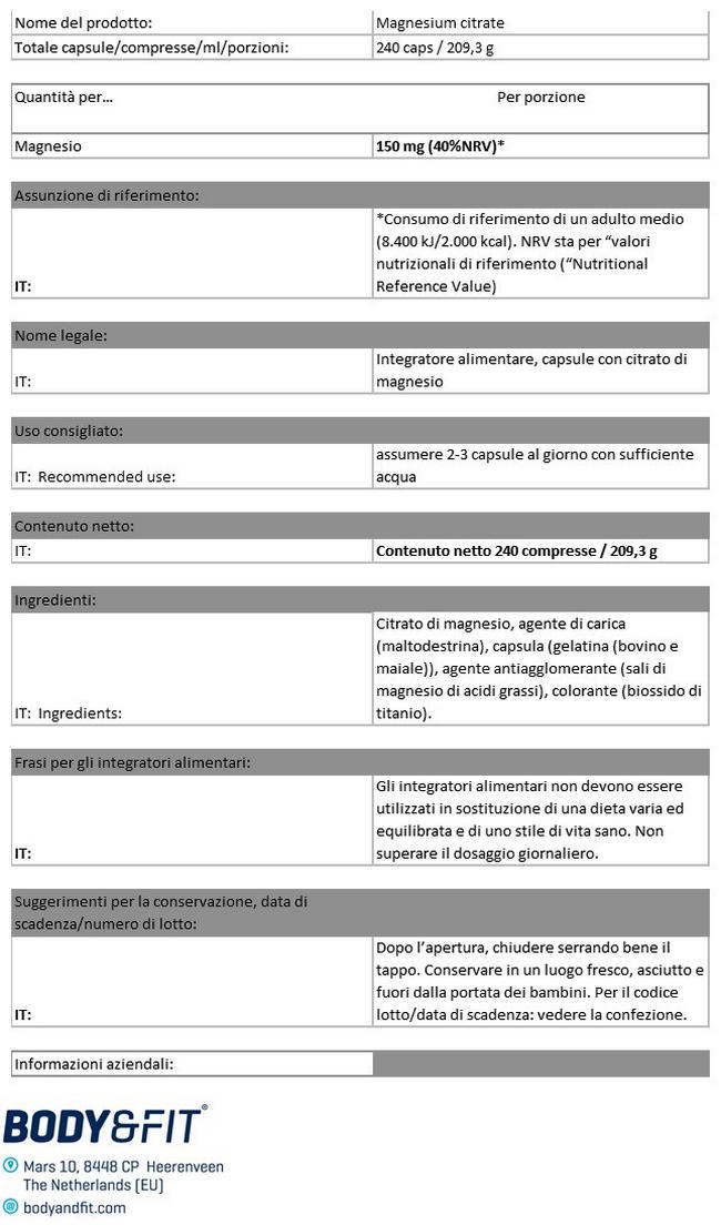 Magnesio Citrato Nutritional Information 1