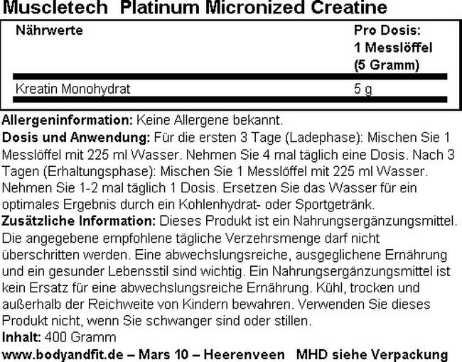 Platinum Micronized Creatine Nutritional Information 1
