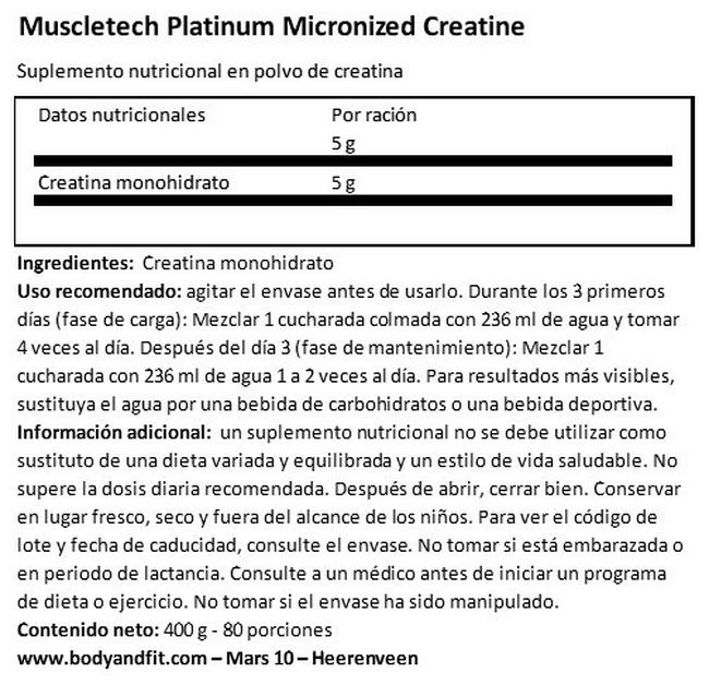 Platinum Micronized Creatine Nutritional Information 1